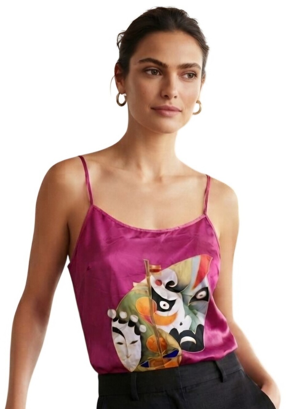 Tan 100% Silk Hot Pink Asian Inspired Graphic Tie Back Camisole Size S
